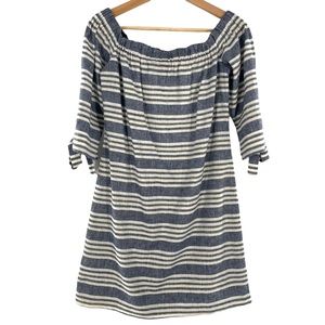 Vince Camuto Strapless Linen Blend Dress in Blue and White w/ Gold Threading